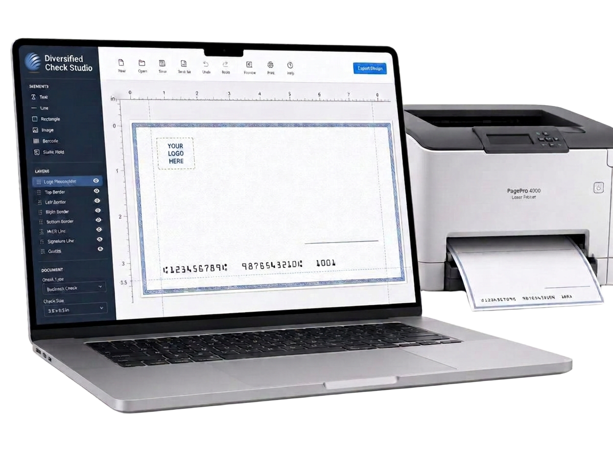 Diversified Check Studio open on a laptop, showing a blank business check template with alignment guides, a logo placeholder, and a sample MICR line, beside an office printer producing blank check stock